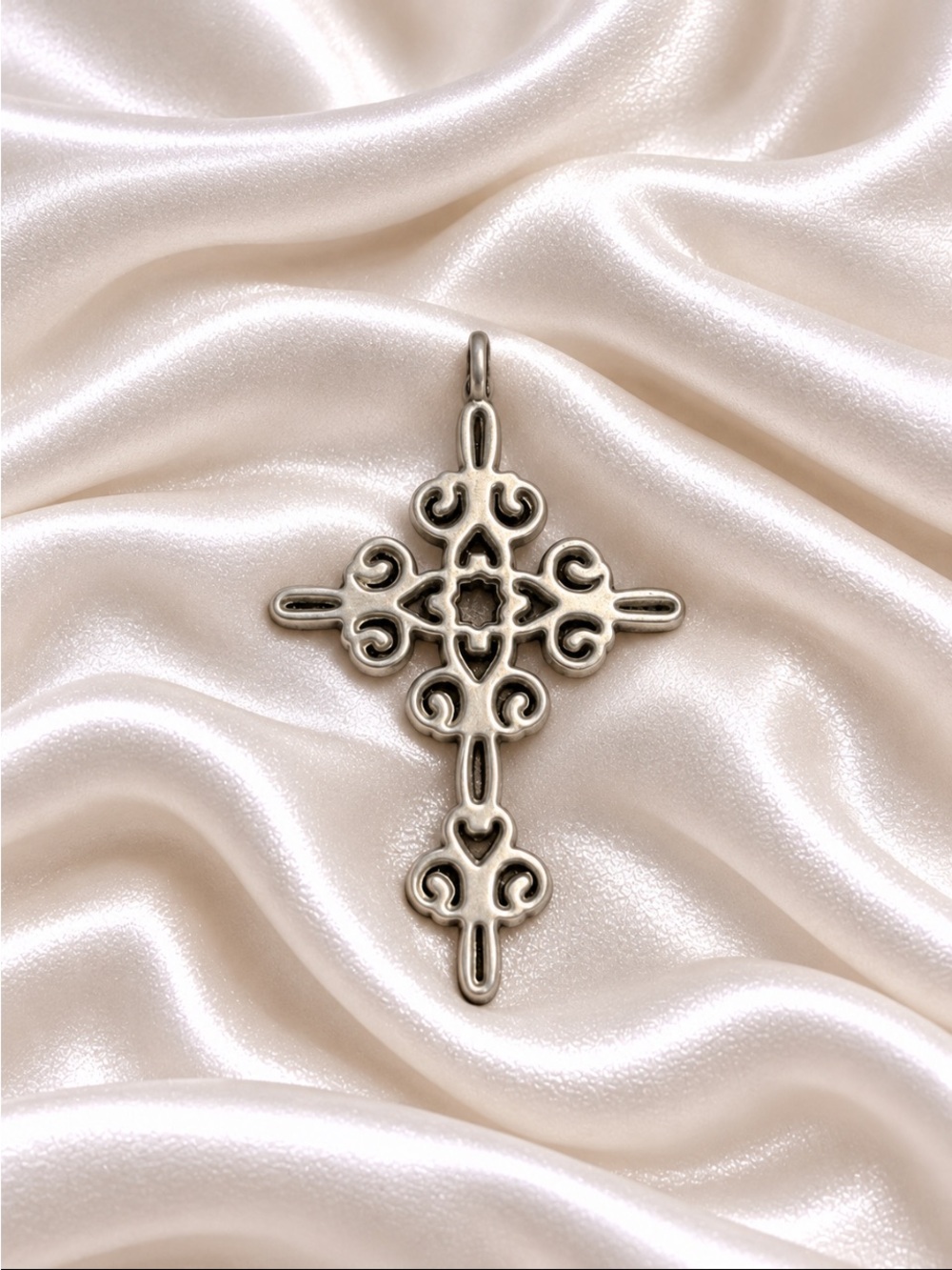 Silver Tone Ornate Filigree Scroll Cross Statement Pendant